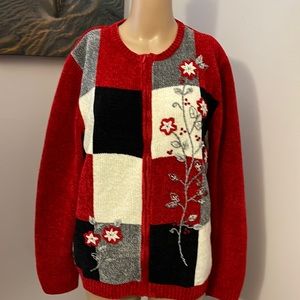 ALFRED DUNNER Red Gray Black White Floral front Zip Sweater Size Large EUC